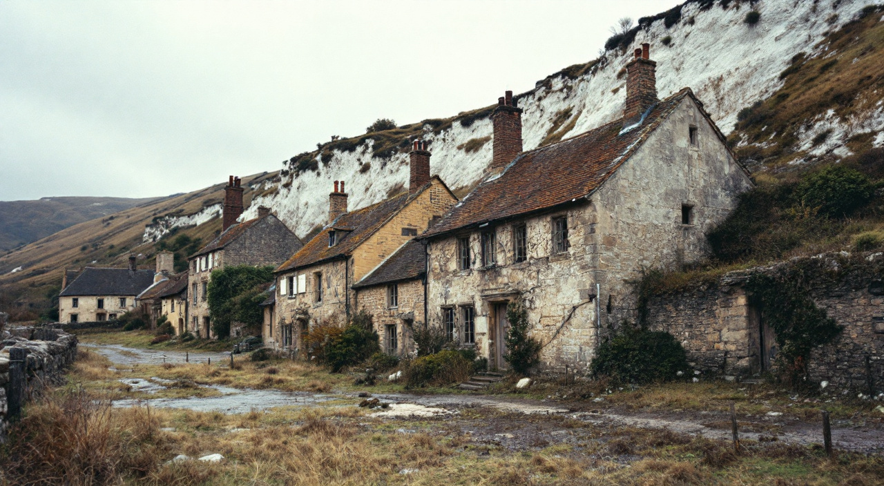 Maisons anciennes au pied d'un coteau crayeux