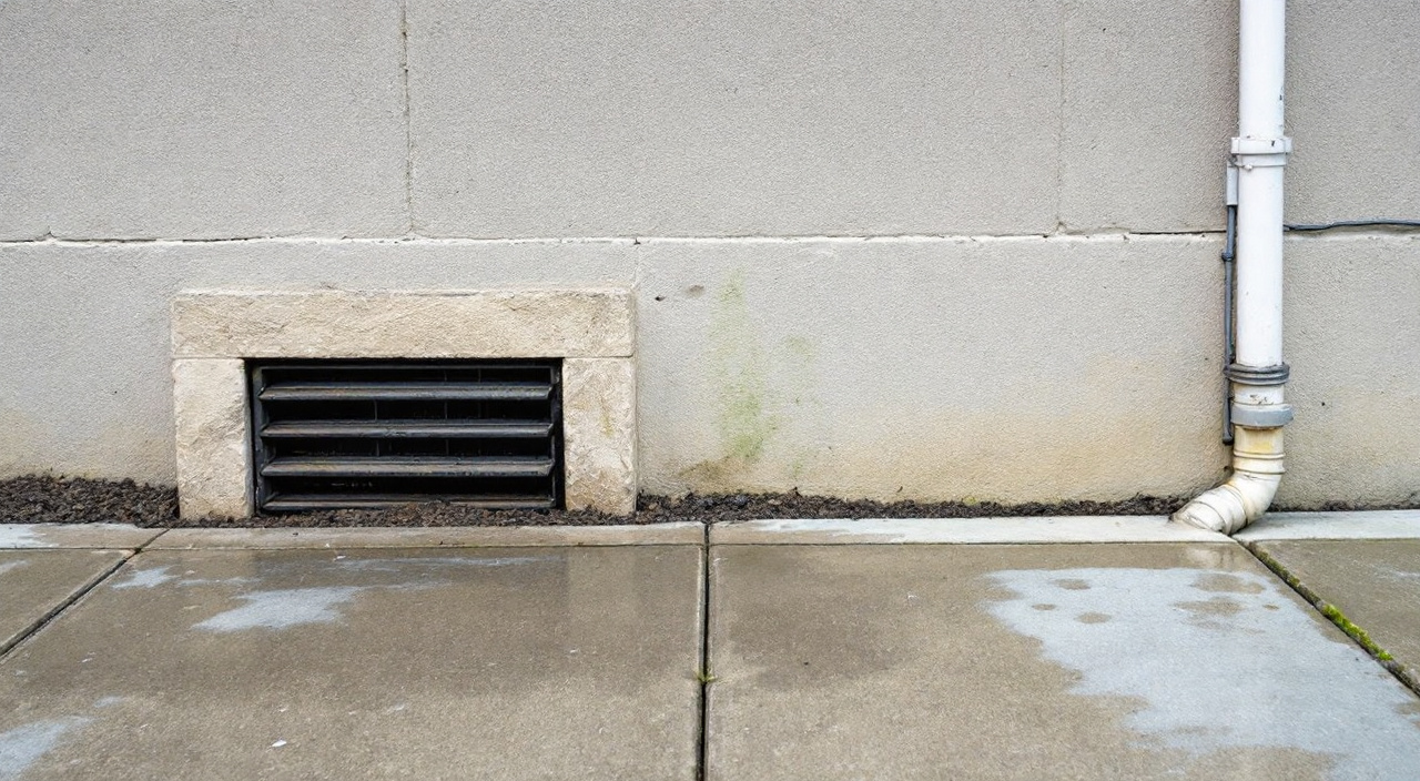 Bas de mur d'une maison ancienne : terre remblayée contre le soubassement, grille d'aération basse obstruée et descente pluviale sans exutoire