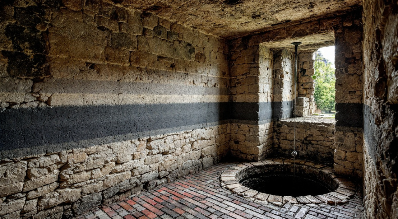 Cave ancienne en pierre avec plusieurs lignes de niveau laissées par l'eau à différentes hauteurs sur le mur.