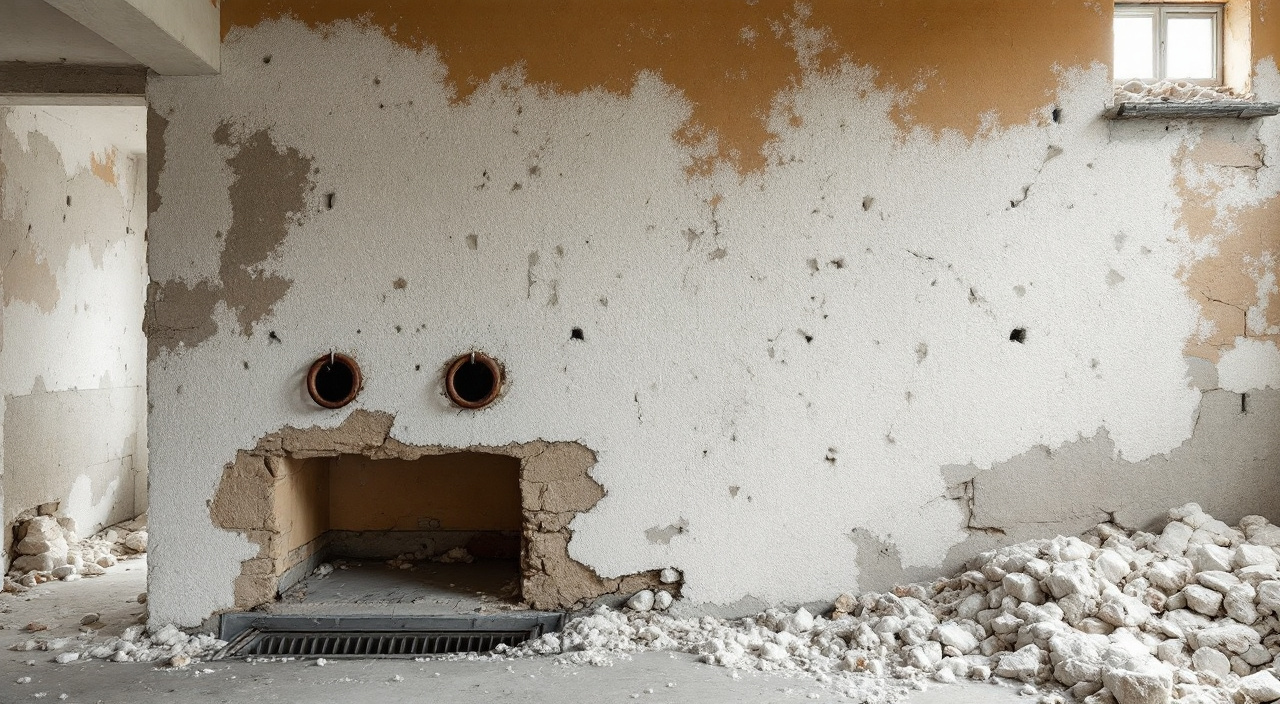 Mur en moellons d'une ancienne écurie décroûté, couvert d'efflorescences de salpêtre, avec des anneaux d'attache scellés dans la pierre