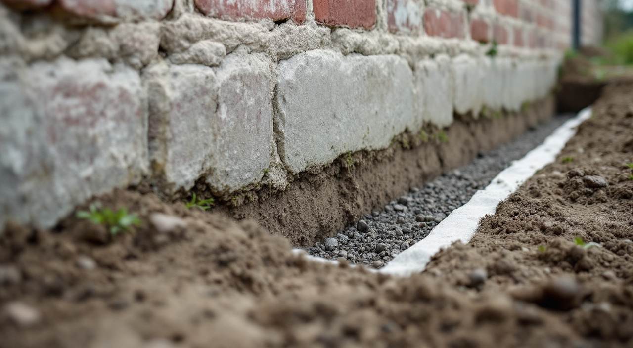 Pied d'un mur de ferme en silex et brique contre un remblai de terrassement récent plus haut que le terrain d'origine