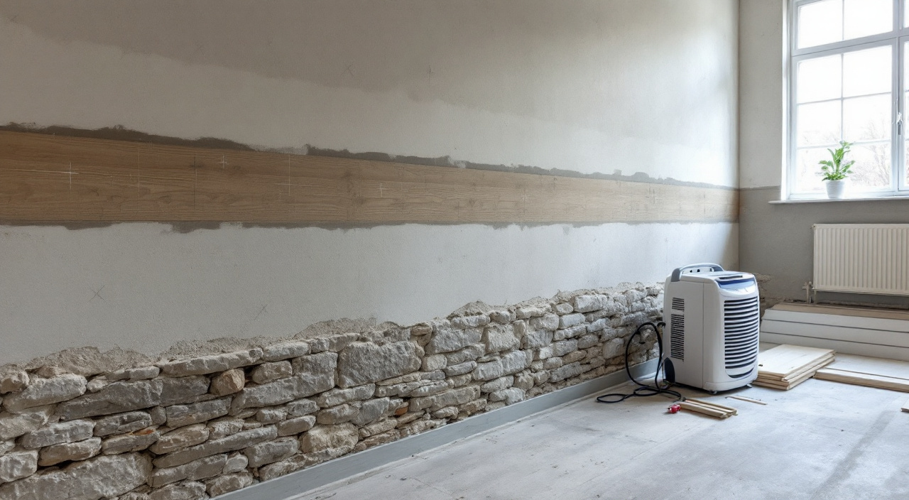 Mur intérieur ancien mis à nu, bandeau bas réenduit à la chaux, points de mesure repérés au crayon