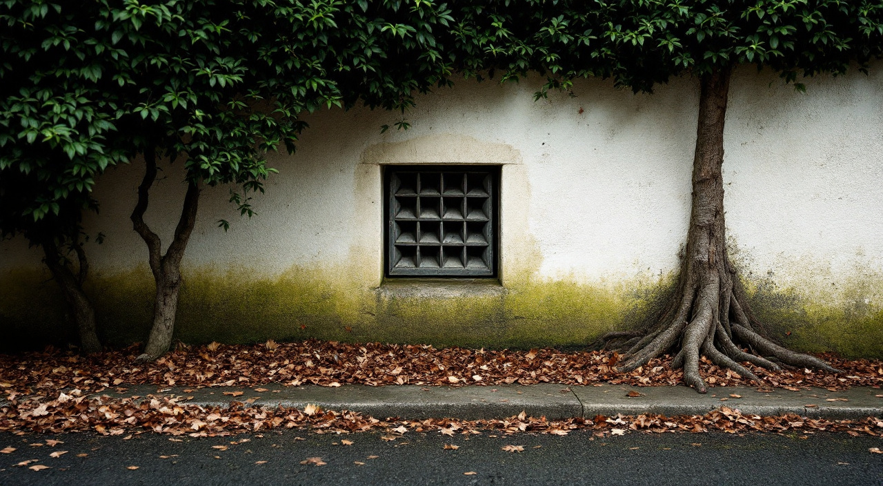 Pied de mur d'une maison ancienne à l'ombre d'une haie persistante, feuilles accumulées contre la maçonnerie et grille d'aération obstruée