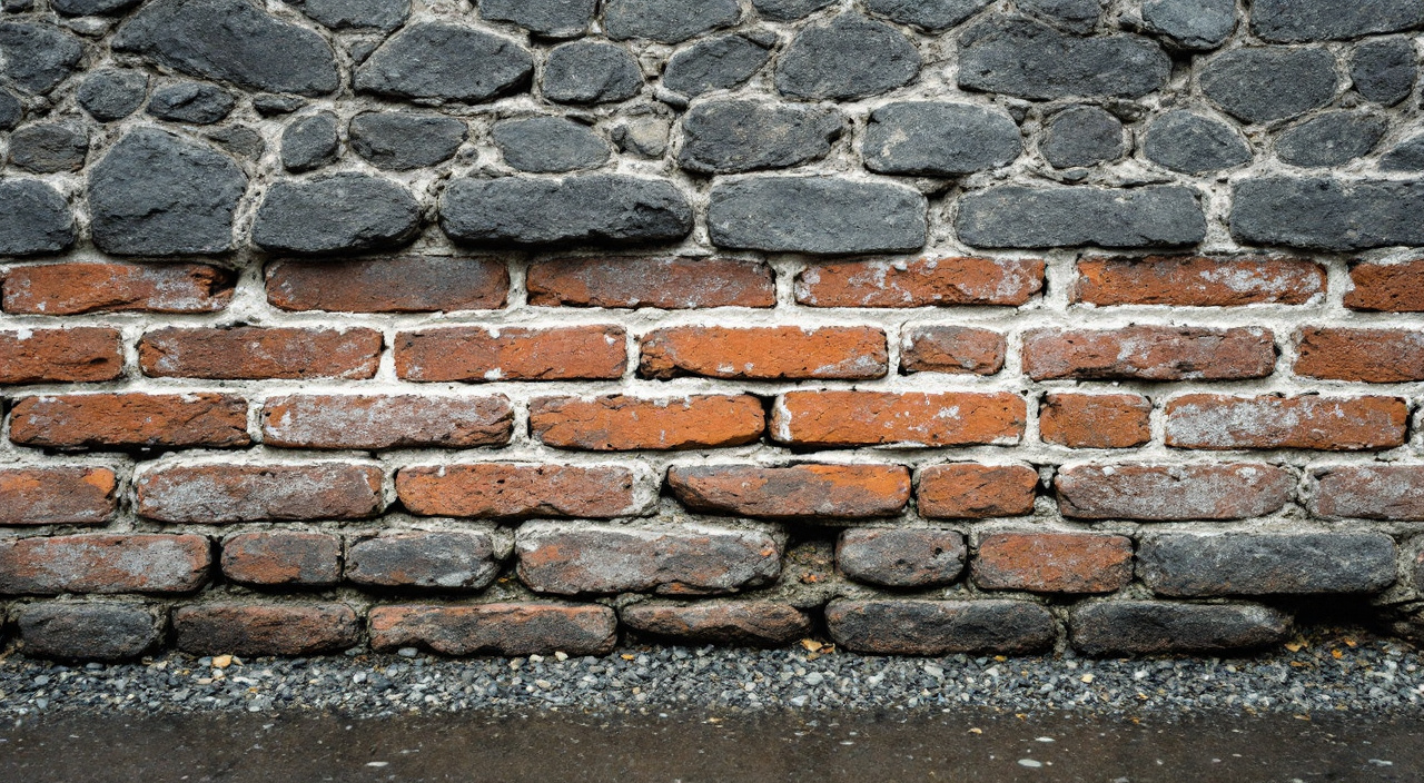 Pied de mur ancien mêlant silex et brique, les assises de brique encore humides et auréolées de blanc tandis que les silex sont secs.