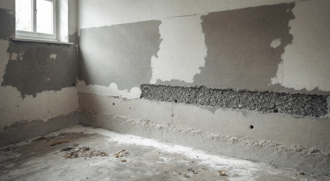 Pied de mur intérieur décroûté, moellons calcaire apparents et ligne régulière de perçages horizontaux au ras du sol.