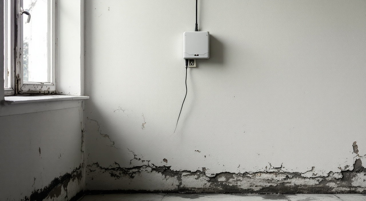 Petit boîtier électronique fixé en haut d'un mur ancien dont le bas reste marqué par une large frange humide et des efflorescences blanches