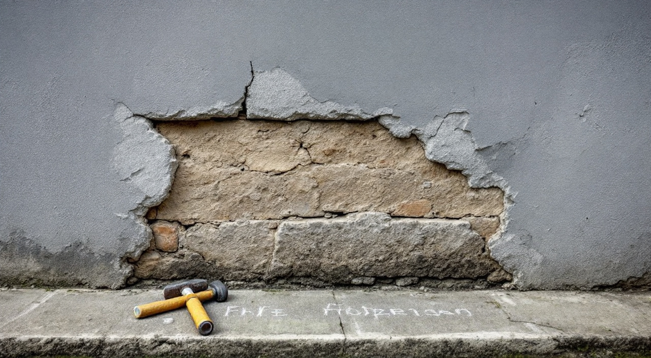 Pied de mur d'une maison ouvrière : enduit ciment cloqué et décollé, une plaque tombée laissant voir la maçonnerie couverte de sels blancs.
