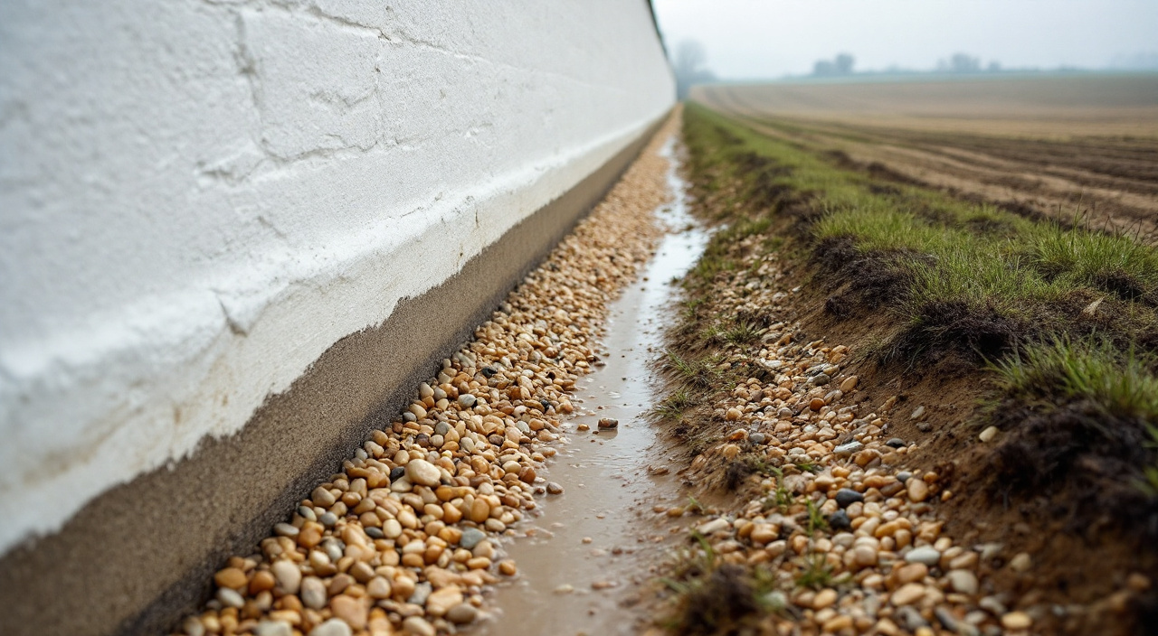 Pied d'un mur de ferme enduit, bande de galets et noue enherbée en amont, dépôts de limon clair après un orage sur le plateau