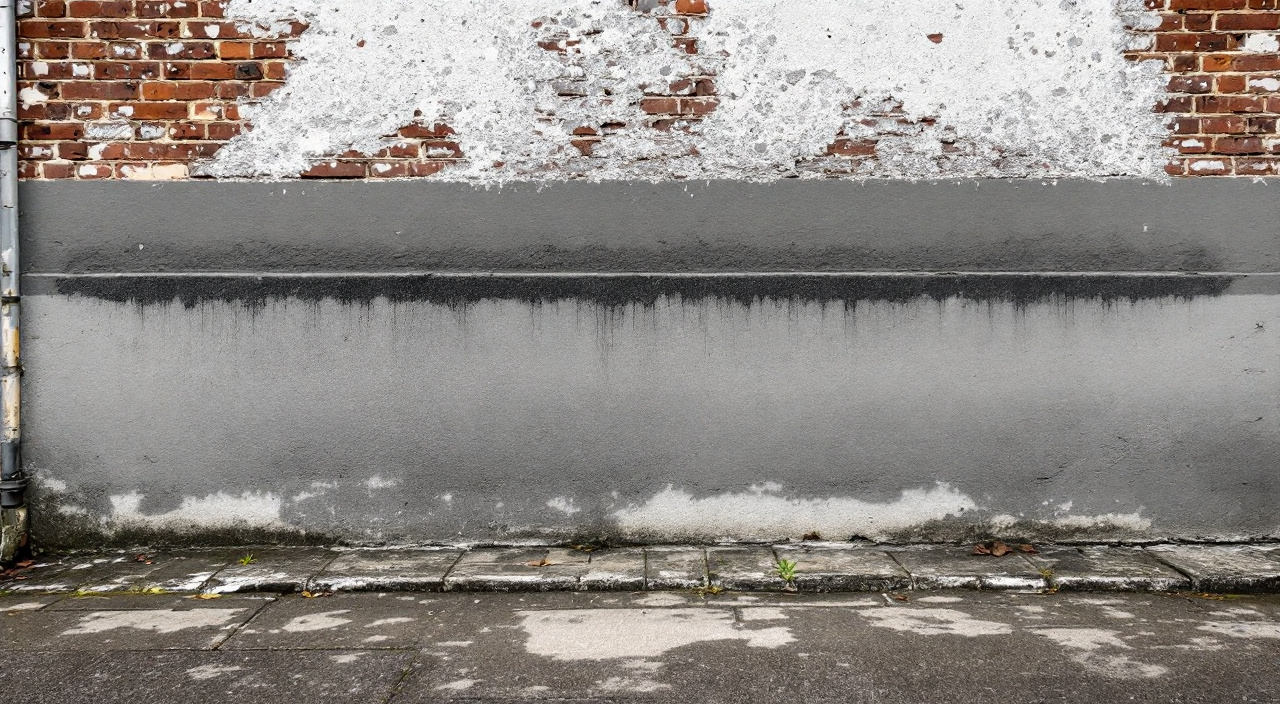 Pied de mur en grison enduit de ciment, avec une bande humide et blanchâtre juste au-dessus de l'arrêt de l'enduit