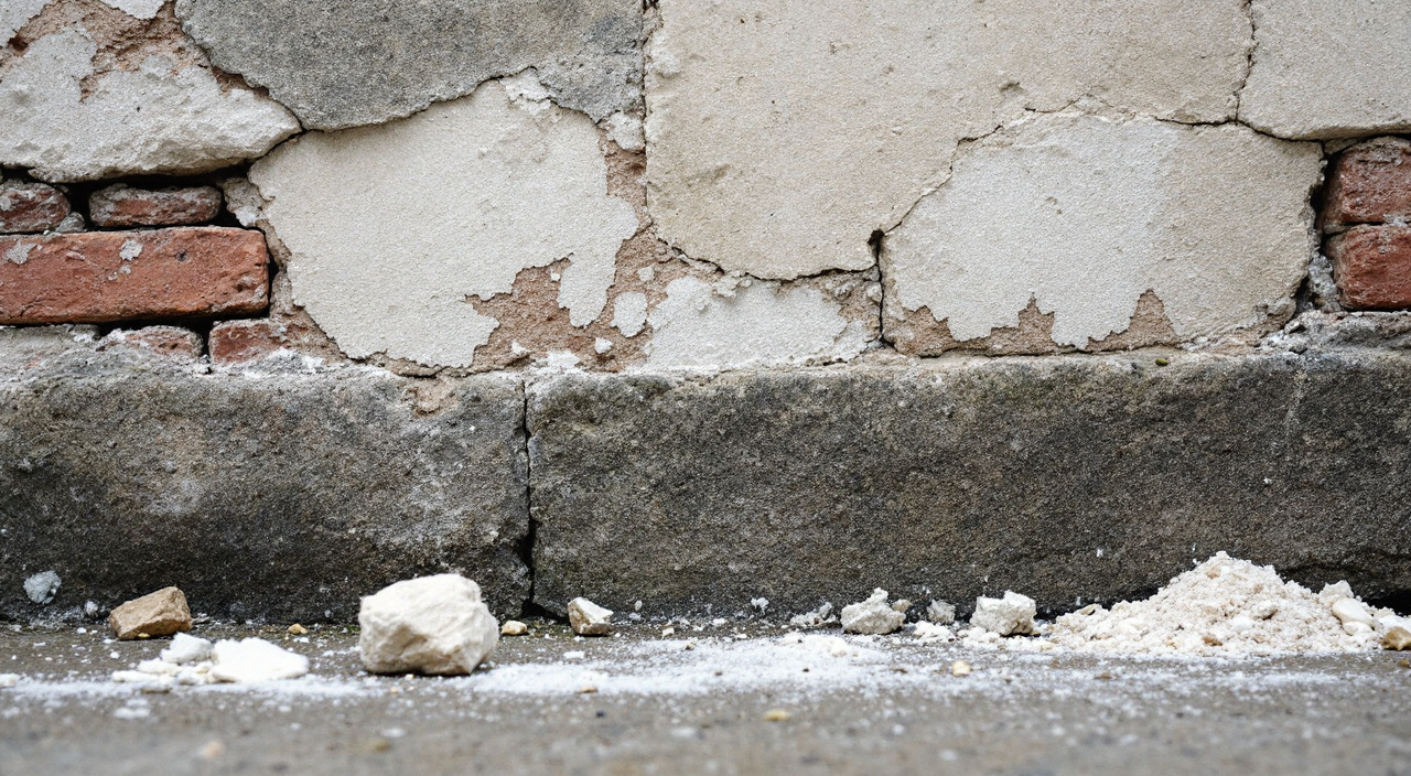 Pied de mur ancien en pierre et brique : efflorescences blanches, joints délités et écailles au sol