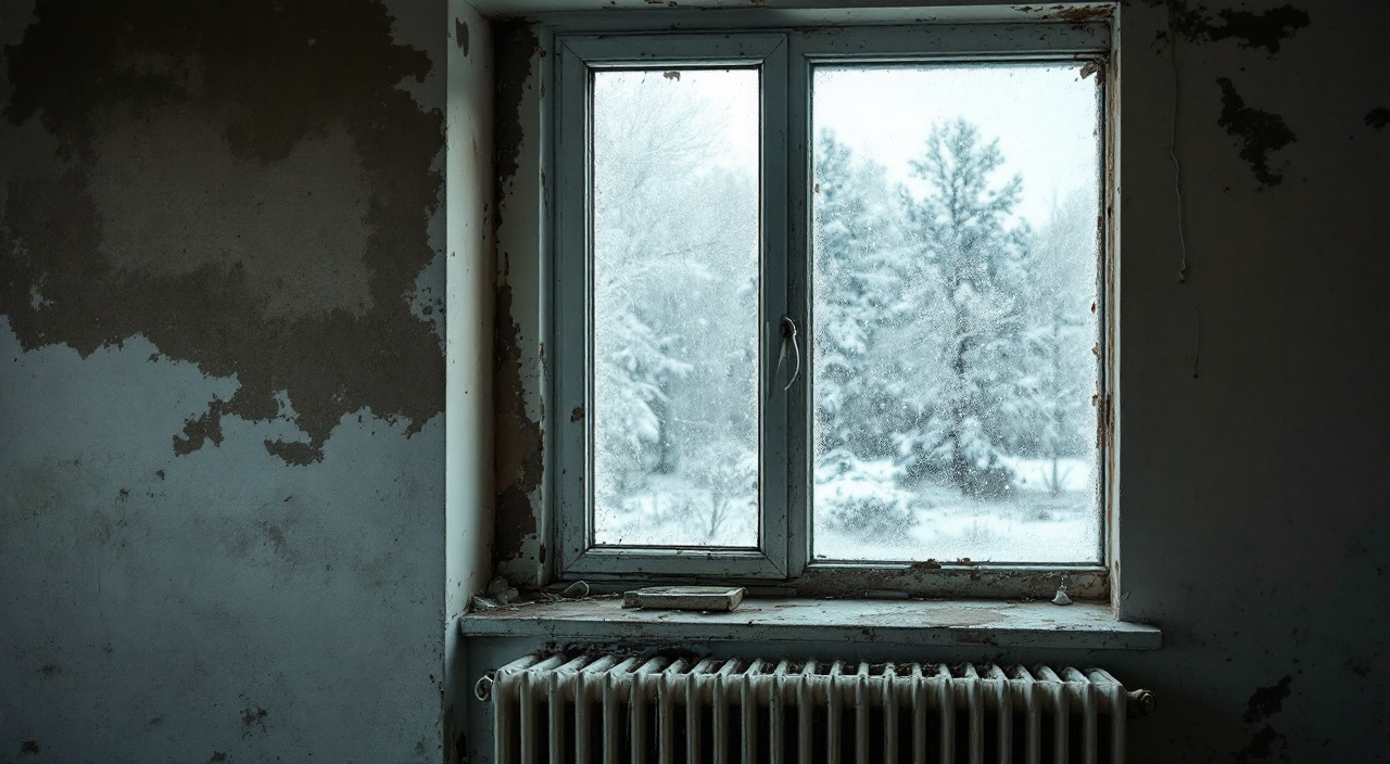 Radiateur sous une fenêtre couverte de buée, tache sombre dans l'angle du mur
