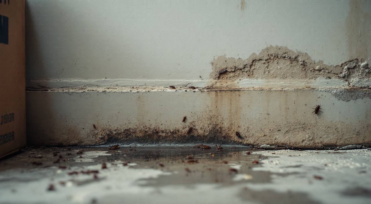 Bas d'un mur de buanderie humide avec cloportes et poisson d'argent sur le plâtre