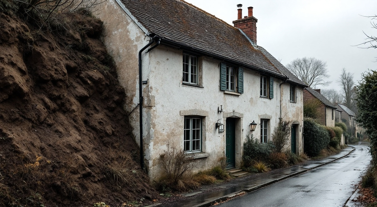 Angle d'une maison de bourg sur éperon : à gauche le mur amont avec la terre remontée contre lui, à droite la façade ouest à l'enduit délavé et verdi.