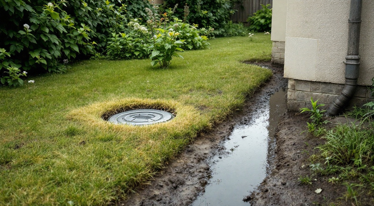 Tampon de cuve d'eau de pluie enterrée dans une pelouse, sol détrempé vers le pied de la maison