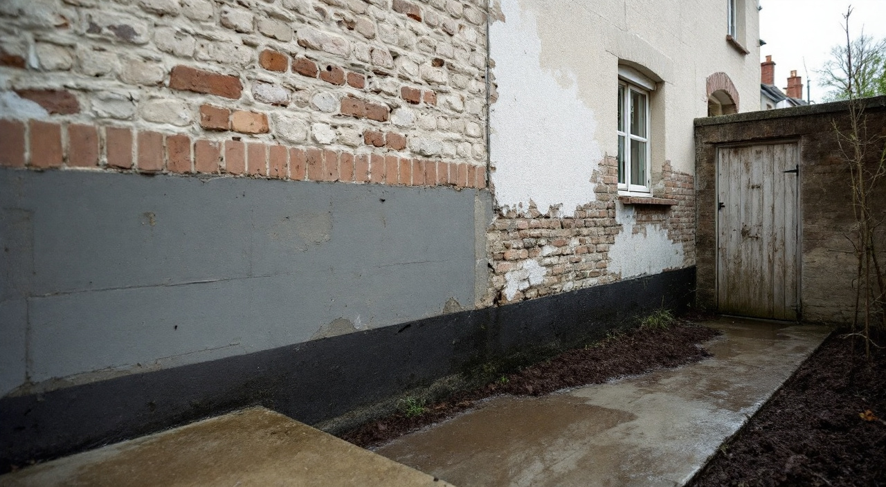 Mur arrière d'une maison de bourg en silex, terre de la cour montée au-dessus du niveau intérieur, bande humide et salpêtre en pied.
