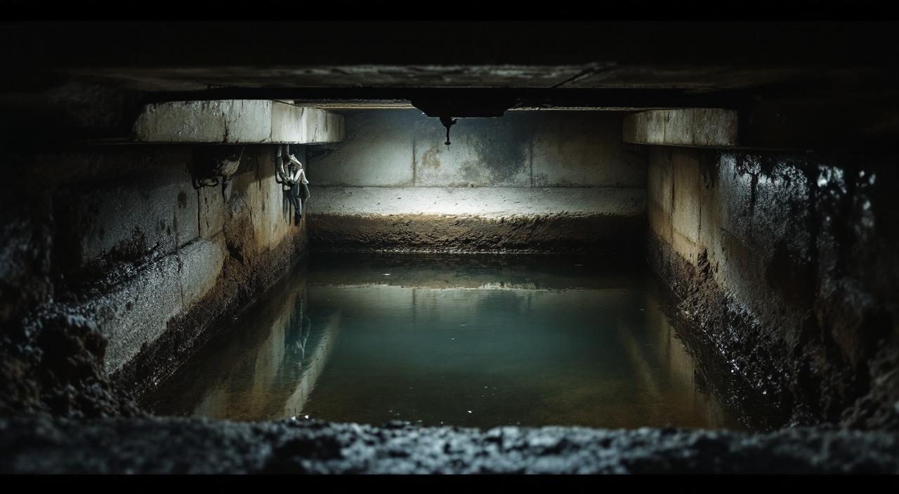 Vue par la trappe d'un vide sanitaire éclairé à la lampe : nappe d'eau immobile sur la terre, plots béton et sous-face du plancher.