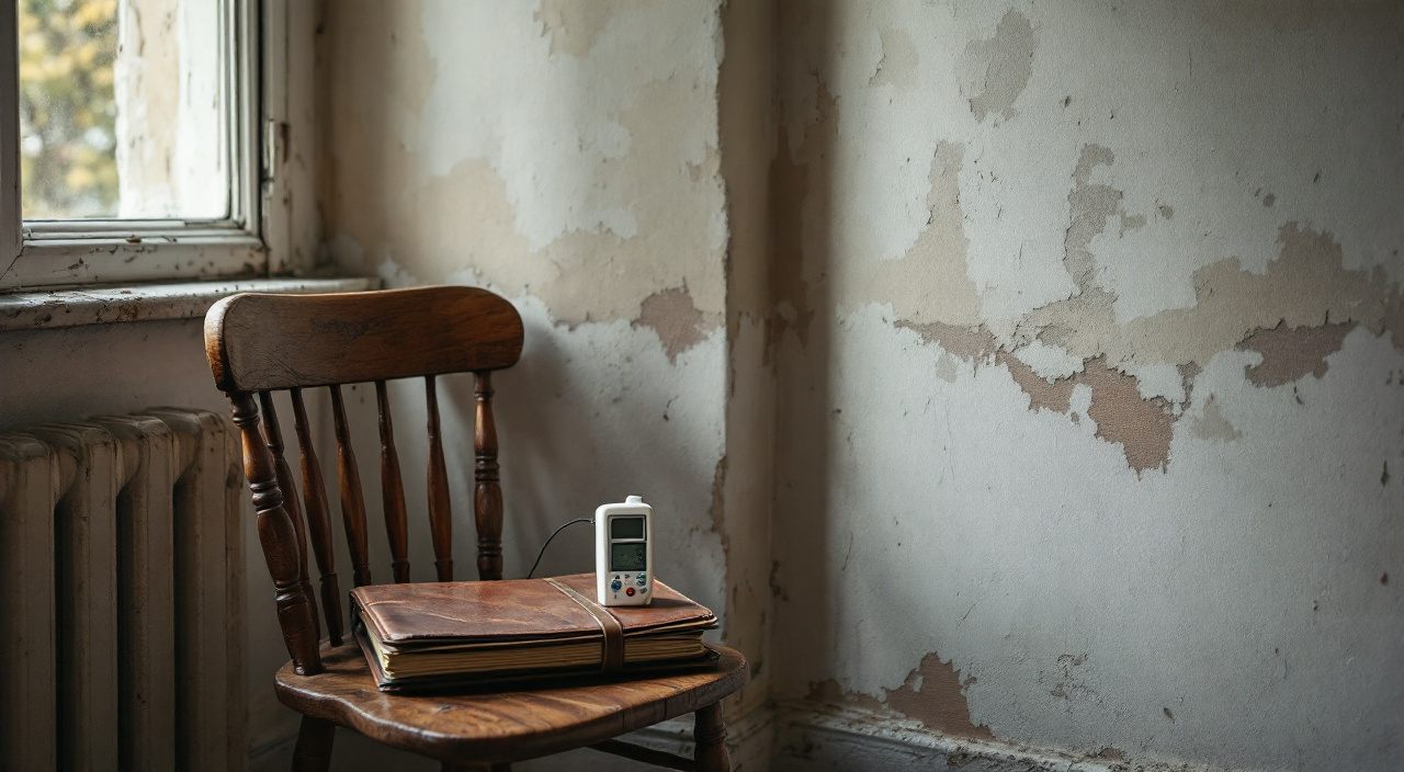 Bas de mur cloqué dans une maison ancienne, testeur d'humidité à pointes posé sur une chaise près d'une sacoche fermée