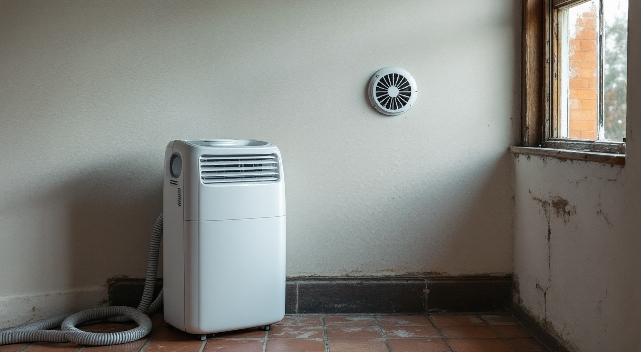 Déshumidificateur posé au sol dans une pièce non chauffée, près d'un mur clair et d'une fenêtre couverte de condensation.