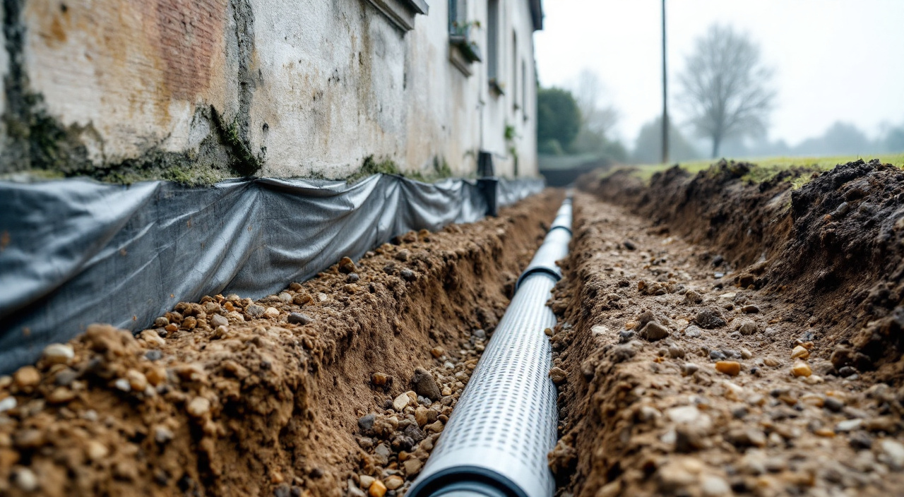 Tranchée de drainage ouverte le long d'une fondation