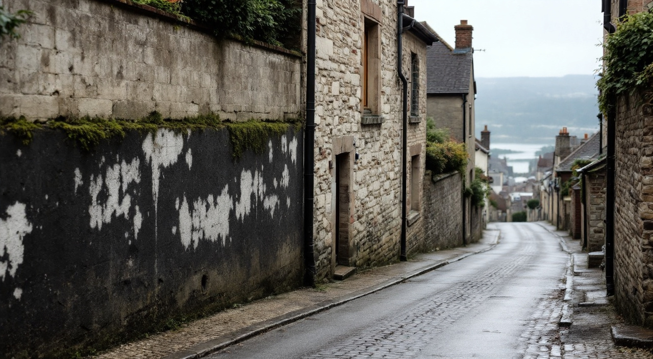 Rue en pente avec mur de soutènement humide au premier plan et ville basse en arrière-plan