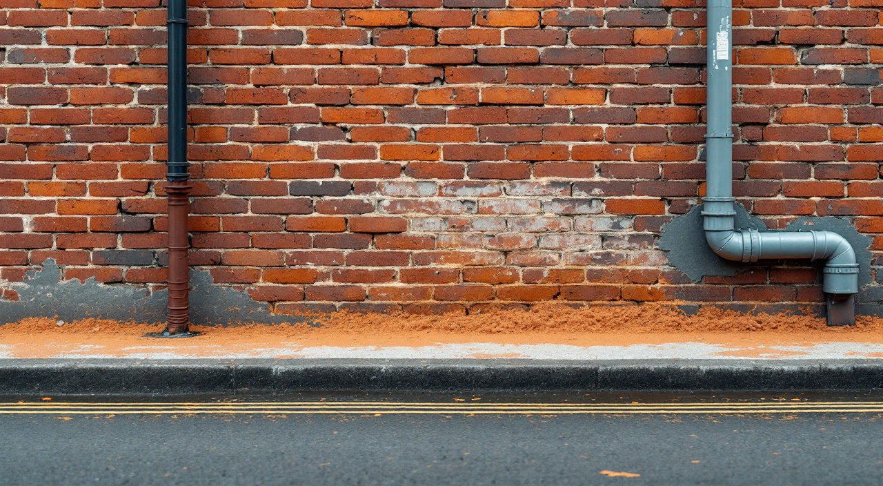 Bas d'un mur en brique rouge industrielle montant au ras du trottoir, dont les trois premières assises se desquament en fines lamelles.