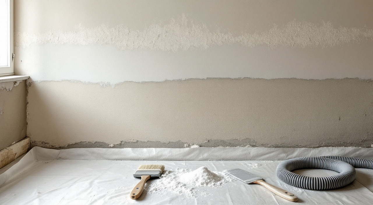 Pied de mur intérieur décroûté, brosse, spatule et tuyau d'aspirateur posés au sol, poudre blanche récupérée sur une bâche