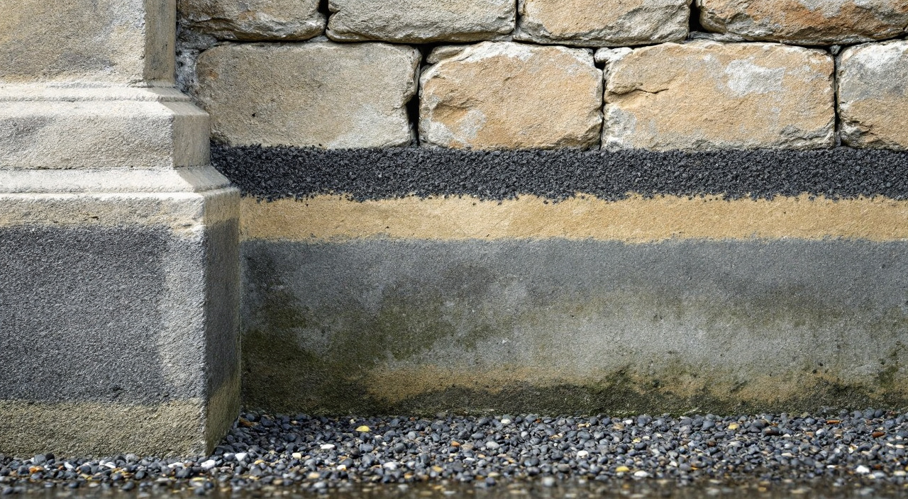 Pied d'un mur de silex avec une bande de joints refaits au ciment et une trace d'humidité juste au-dessus
