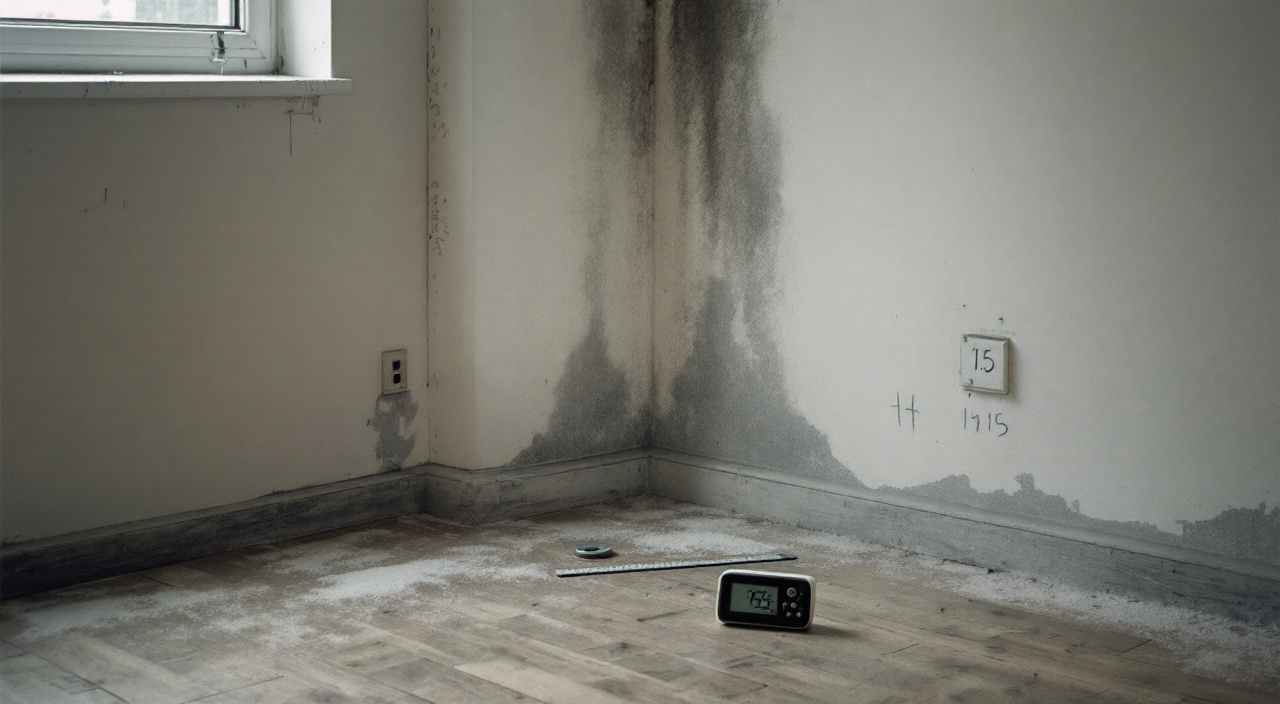 Bas de mur d'un appartement en rez-de-chaussée avec auréole sombre, plinthe gonflée et hygromètre posé au sol