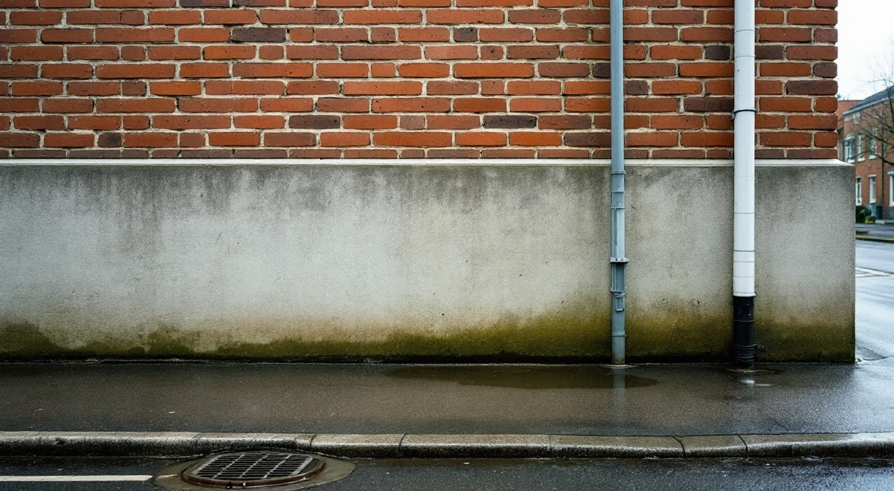 Pied d'un immeuble de la Reconstruction : soubassement béton, parement de brique aux joints creusés et trottoir mouillé au ras du mur