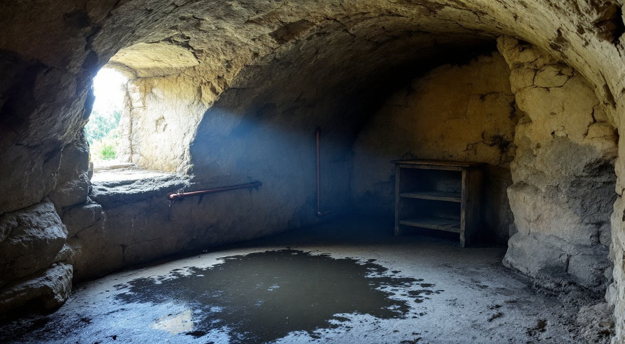 Cave voûtée en pierre l'été, gouttelettes de condensation sur la voûte et sur une canalisation froide près d'un soupirail entrouvert