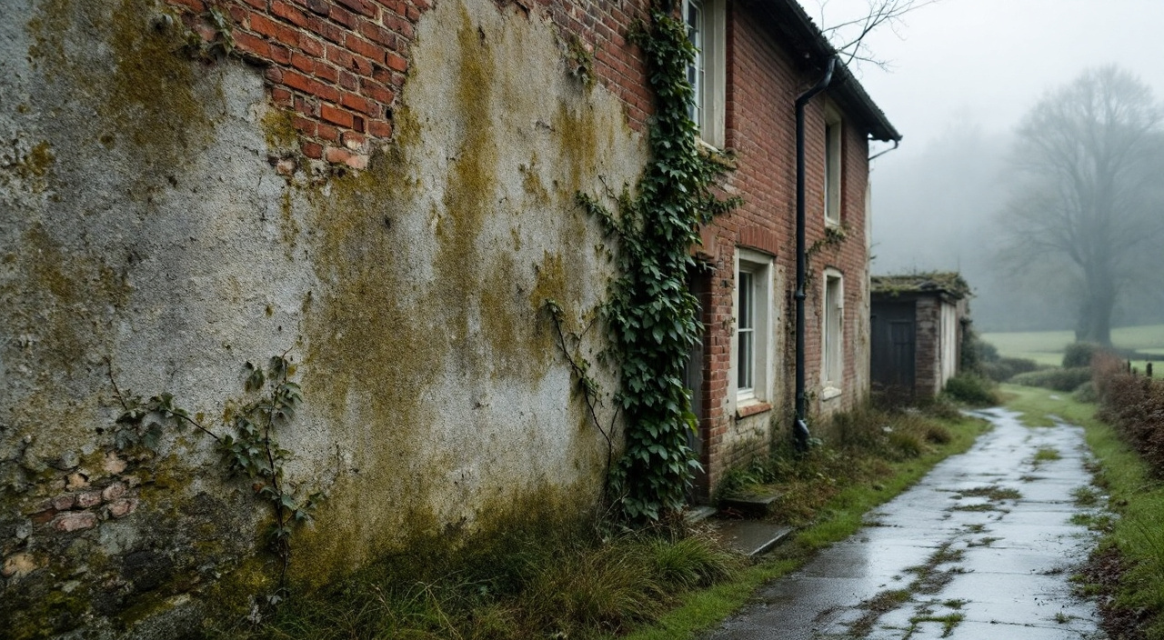 Pied d'un mur nord humide et verdi d'une maison de vallée, dans le brouillard matinal, lierre sectionné à la base.
