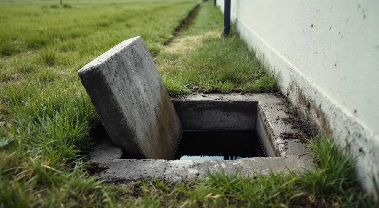 Regard d'assainissement ouvert dans une pelouse, bande d'herbe plus verte au-dessus de l'épandage et tache d'humidité au bas du mur enduit.