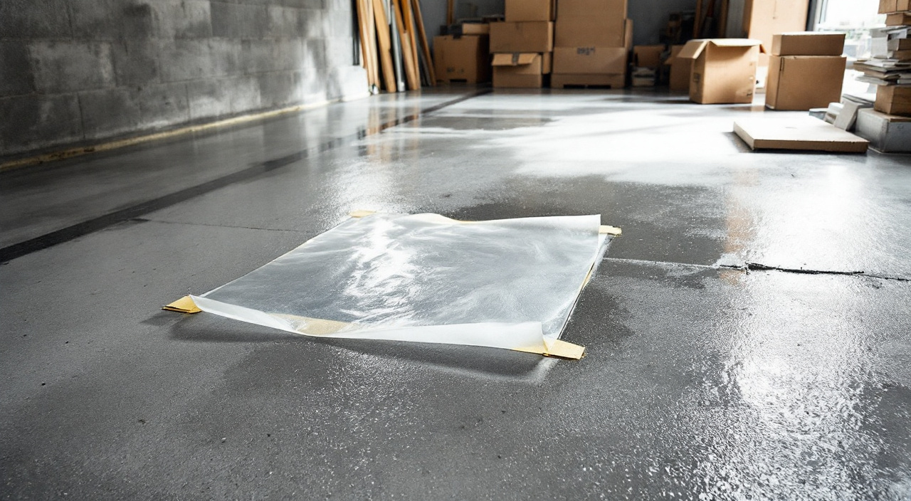 Sol en béton d'un garage accolé couvert d'un film de condensation, avec un carré de plastique transparent collé au ruban adhésif sur la dalle