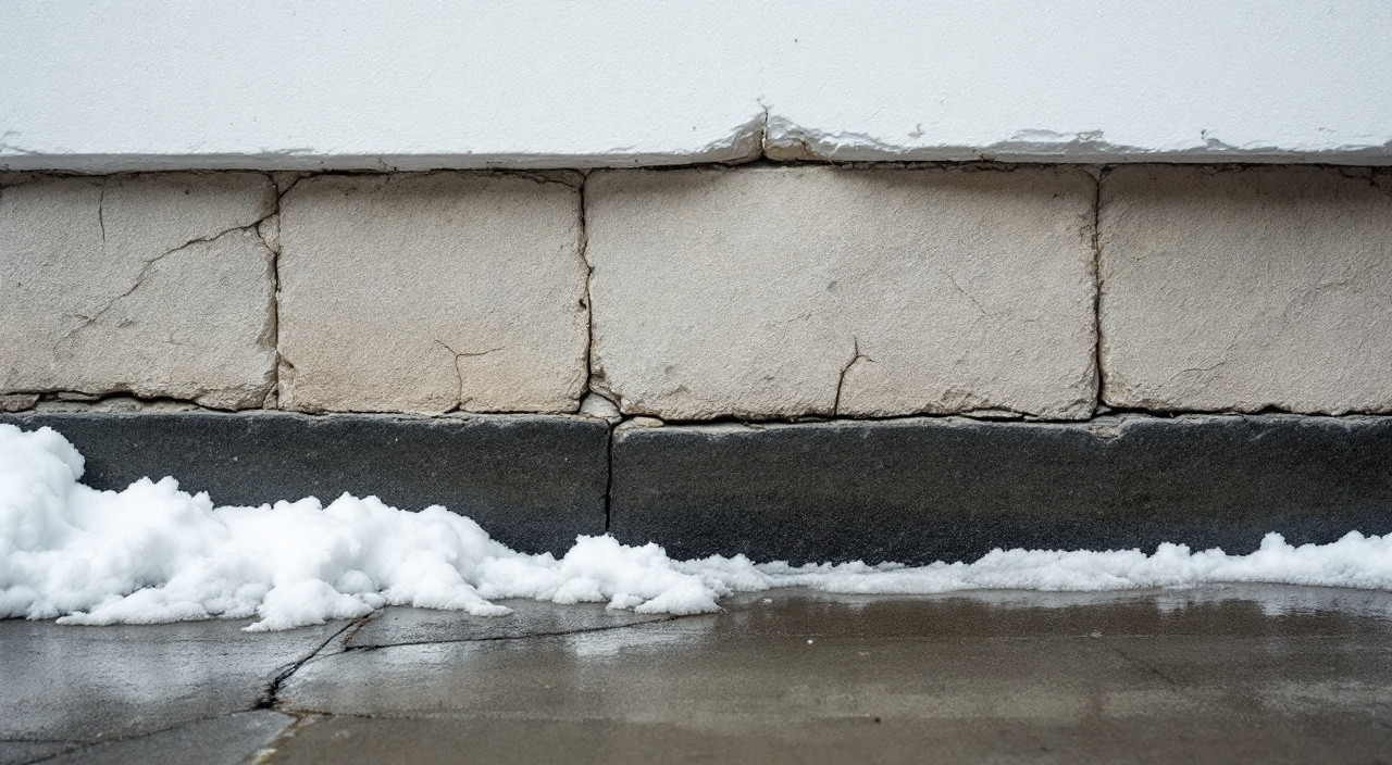 Enduit éclaté en plaques au ras du sol sur un mur ancien, avec neige fondante au pied