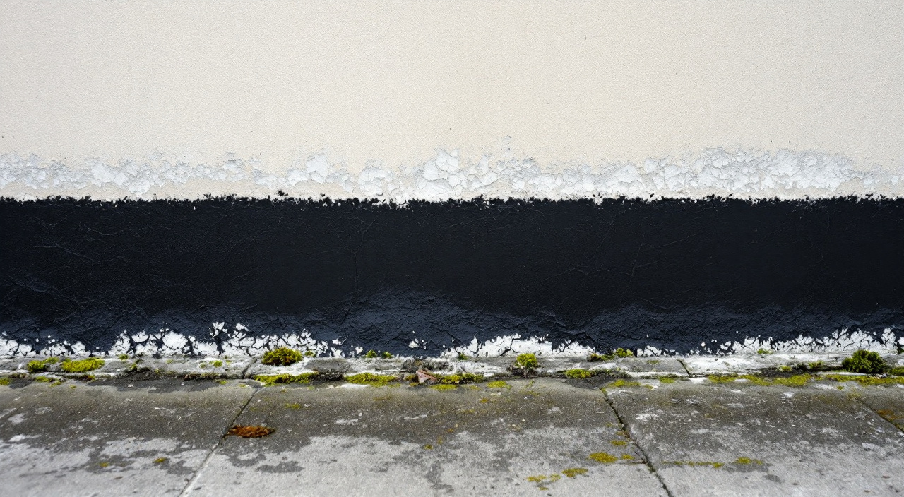Pied de mur d'un pavillon avec bande bitumineuse noire écaillée et dépôt blanc de sels juste au-dessus