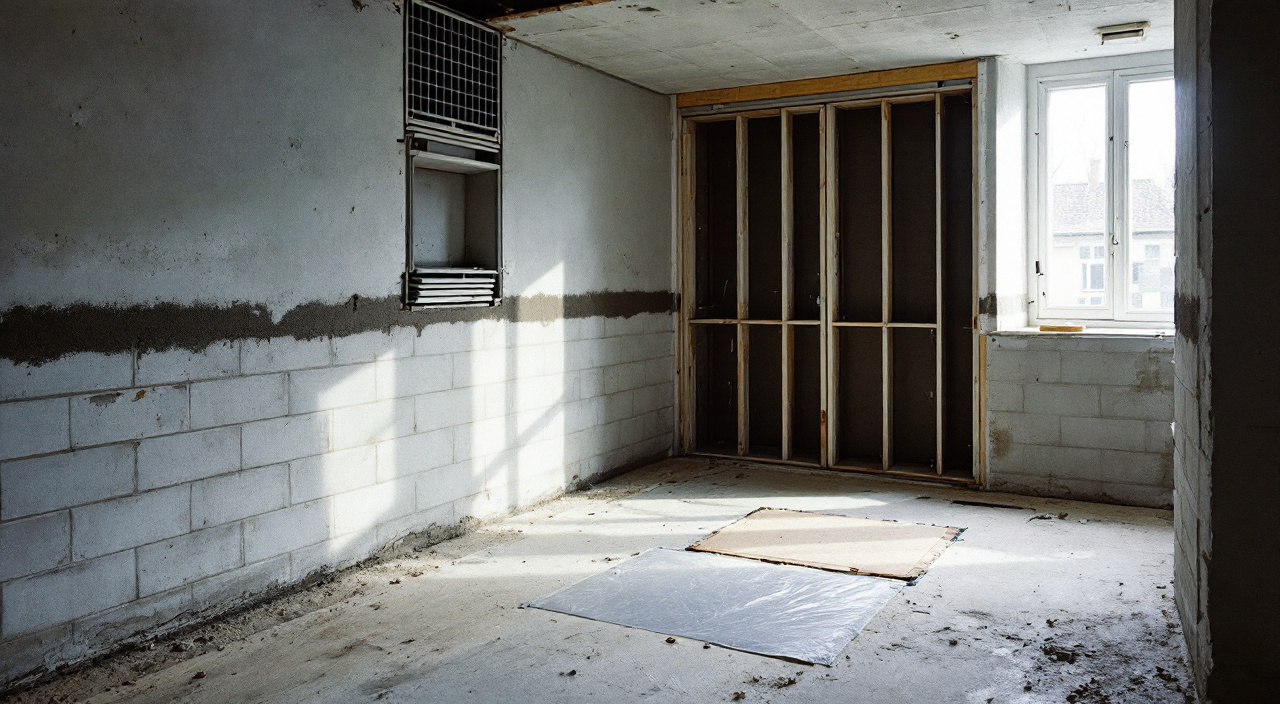 Sous-sol semi-enterré en cours d'aménagement, mur en blocs béton avec trace sombre en pied et grille d'aération obstruée