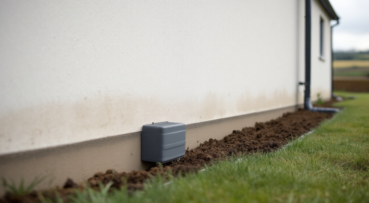 Pied de mur enduit d'une maison neuve avec une bande sombre basse et un remblai tassé contre la façade