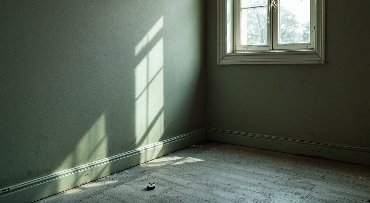 Angle bas d'une pièce vide au rez-de-chaussée, mur froid marqué de traces sombres et revêtement de sol décollé