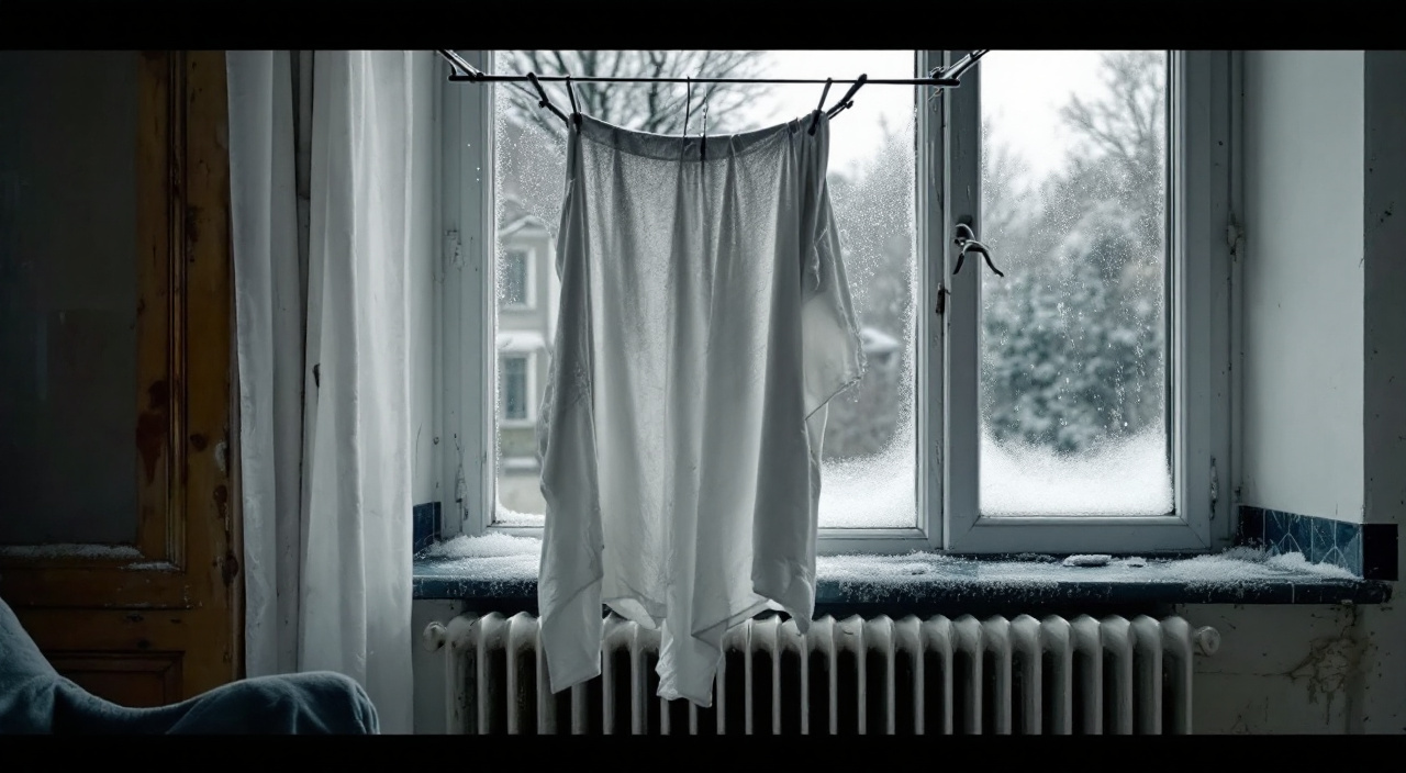 Étendoir à linge chargé dans un séjour en hiver, avec de la condensation sur le bas de la fenêtre située derrière.