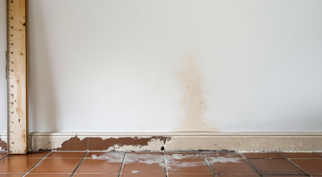 Bas d'un mur intérieur repeint où une trace d'humidité réapparaît avec de petites cloques, un mètre pliant posé contre le mur