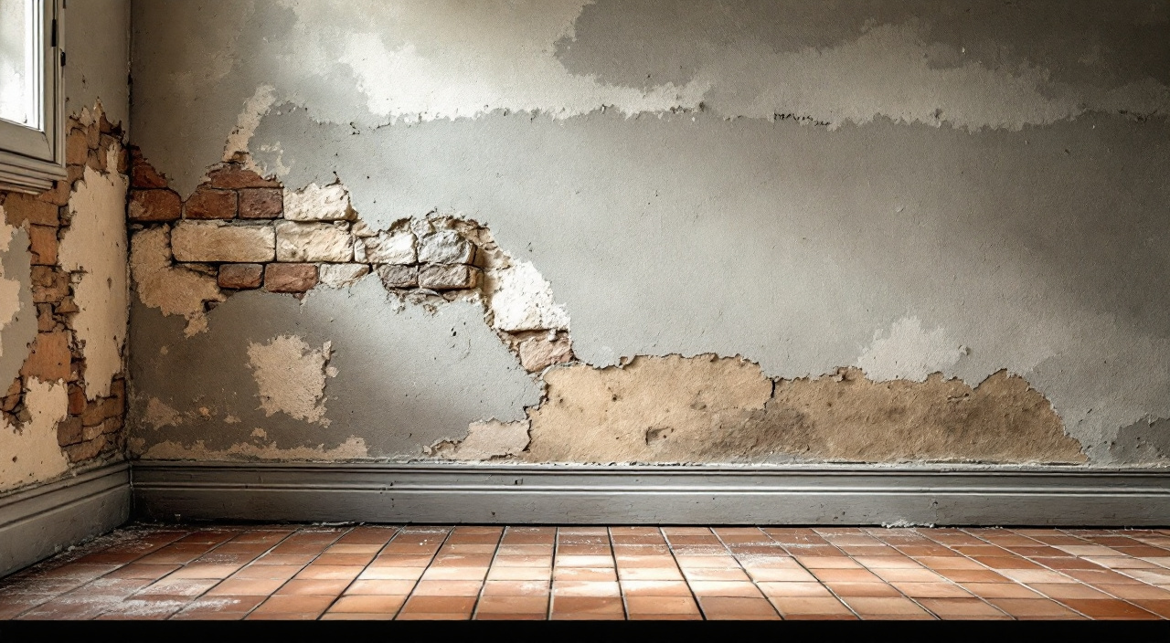 Pied d'un mur de refend intérieur dégarni de son enduit, laissant voir les moellons, le mortier de chaux et un dépôt blanc de sels