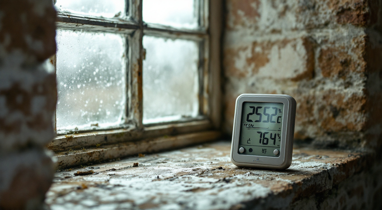 Thermomètre-hygromètre posé sur un appui de fenêtre
