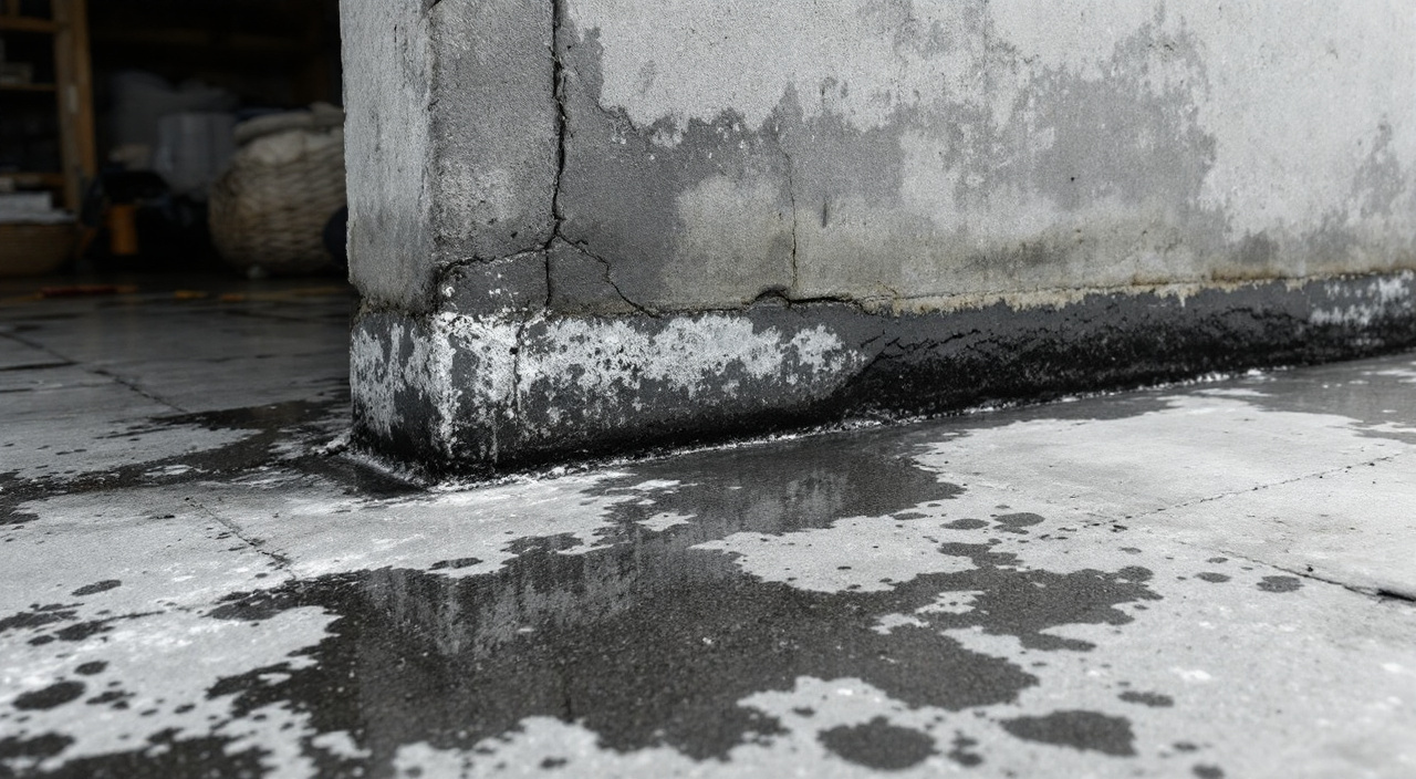 Pied d'un voile béton de sous-sol : bande humide continue le long du raccord avec la dalle, dépôts blancs et petite flaque dans l'angle.