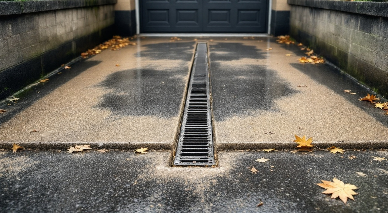 Rampe d'accès en béton descendant vers une porte de garage en sous-sol, caniveau à grille en travers du point bas