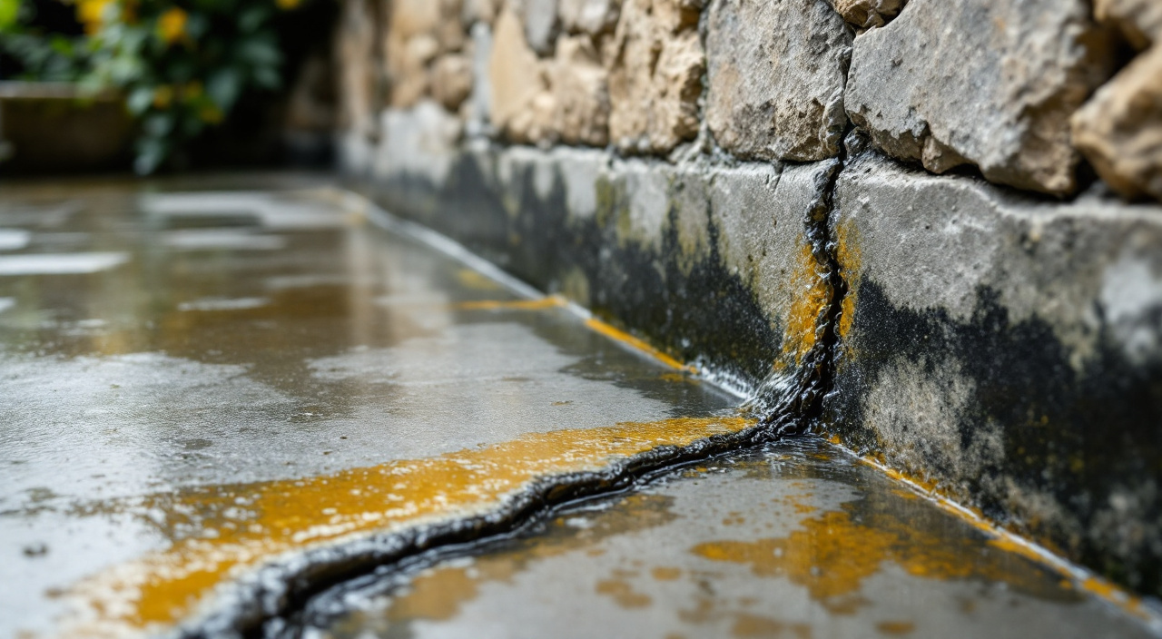 Jonction entre une dalle de terrasse en béton et le bas d'un mur enduit, avec fissure continue, eau stagnante et enduit dégradé