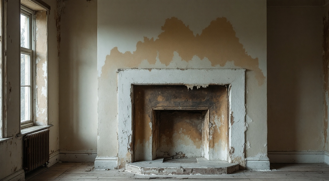 Massif de cheminée intérieur marqué de taches brunes et d'efflorescences blanches sur l'enduit
