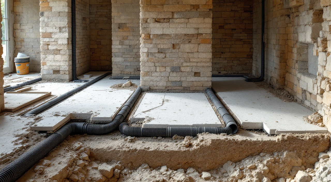 Lit de cailloux calibrés et drains d'aération posés sur géotextile avant coulage d'une dalle dans une maison ancienne