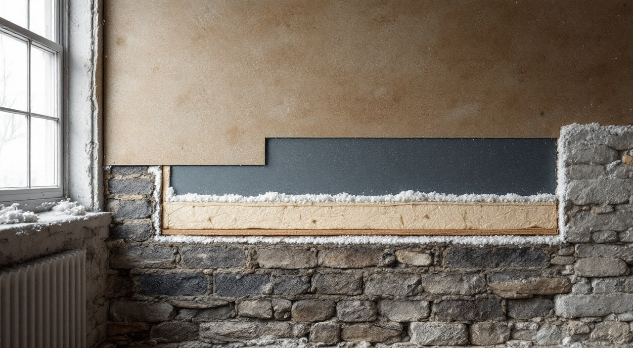 Doublage intérieur ouvert montrant la membrane, l'isolant et le pied de mur taché de sels