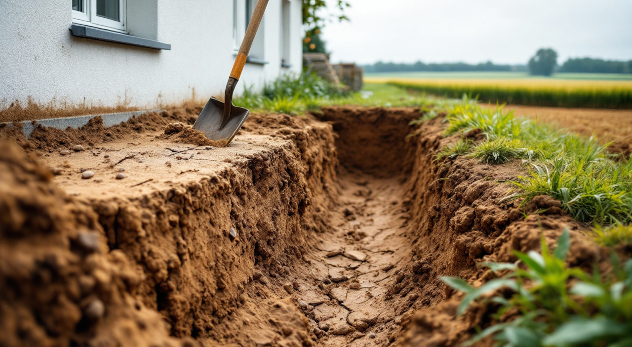 Fouille de fondation ouverte devant une maison, montrant les limons clairs en surface et l'argile à silex brune en dessous, fissurée par la sécheresse