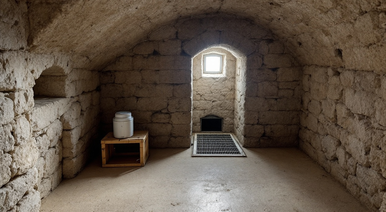 Cave ancienne en moellons, sol en terre battue et joint ouvert au pied du mur, éclairée par un soupirail grillagé
